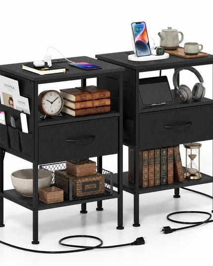 Giantex 24.5"/27.5" Nightstand with Charging Station & 1 Fabric Drawer(1/2)