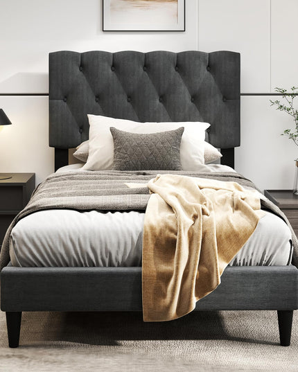 Modern Upholstered Platform Bed Frame with Diamond Tufting Headboard