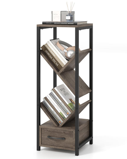 Giantex Tree Bookshelf with Drawer, 4-Tier Narrow Bookcase with Metal Frame, Tall Floor Standing Storage Organizer for Small Space