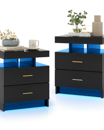 Giantex LED Nightstand, Modern Black Bedside Tables with 2 Storage Drawers