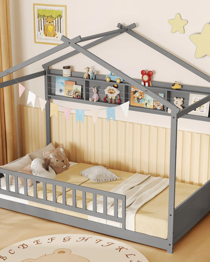 Giantex Twin Floor House Bed with Storage Shelf, Wood Twin Bed Frames with Headboard & Guardrail