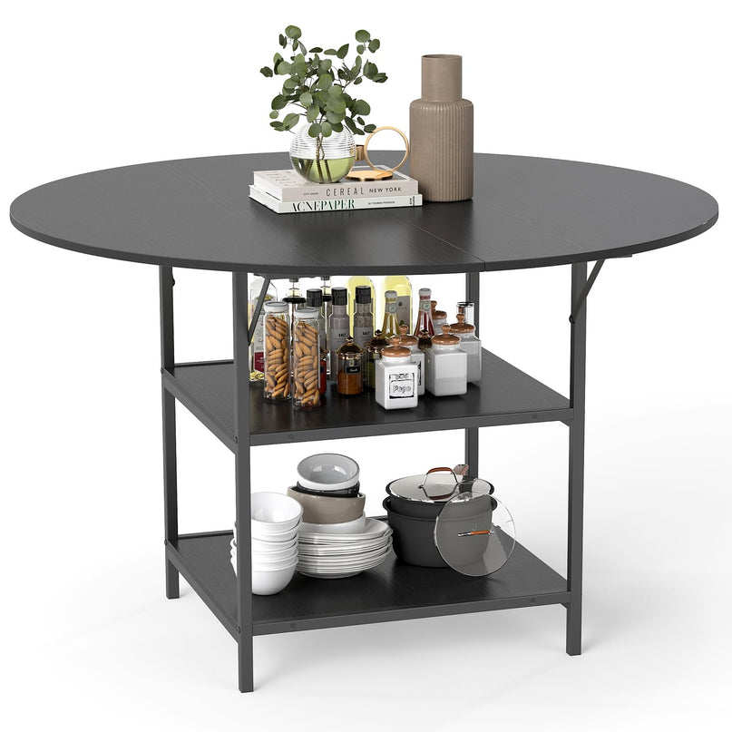 Giantex Table de Salle à Manger Ronde 47" pour 4-6 Personnes avec 2 Étagères de Rangement Ouvertes