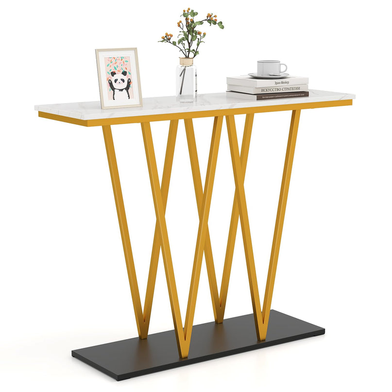 Console étroite dorée Giantex 100 cm avec plateau aspect marbre et base en métal robuste