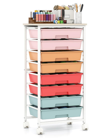 Giantex 8 Drawers Rolling Cart with Wheels Wood Top Sturdy Frame