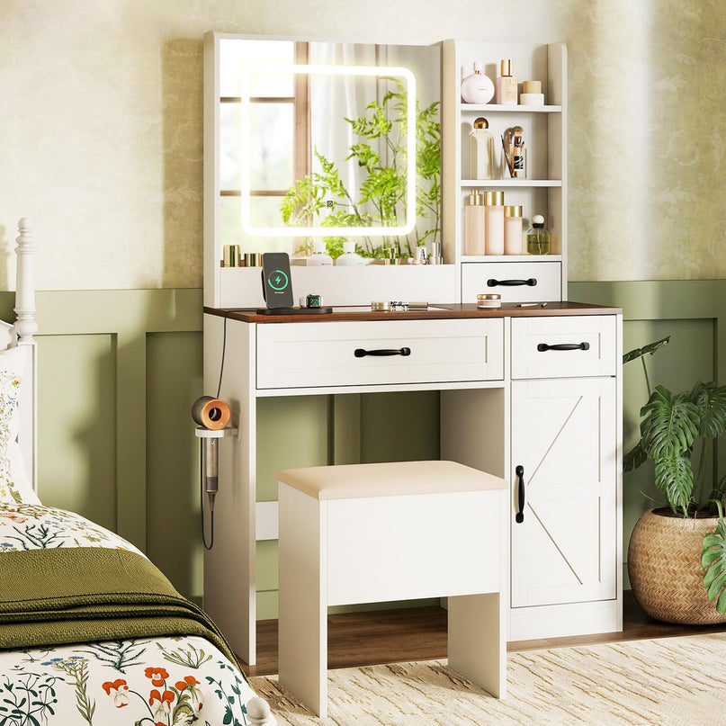 Glass Top Vanity Desk with Lighted Mirror