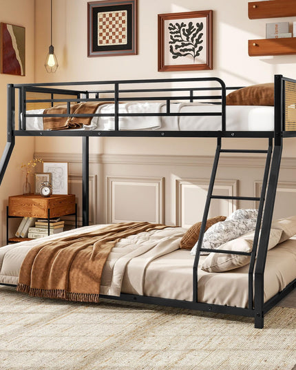 Giantex Twin Over Full Metal Bunk Bed Boho Rattan Floor Bunkbeds