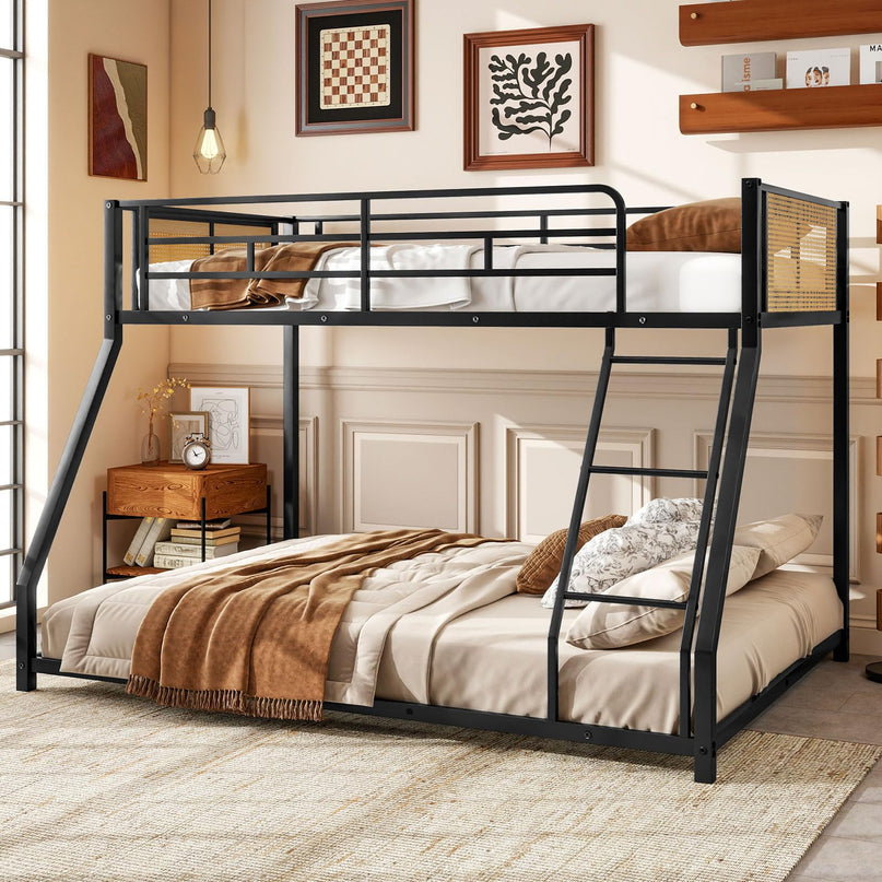 Giantex Twin Over Full Metal Bunk Bed Boho Rattan Floor Bunkbeds