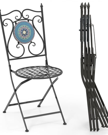 Giantex Patio Folding Chairs, Mosaic Bistro Chairs w/Backrest & Round Seat for Porch Balcony Lawn