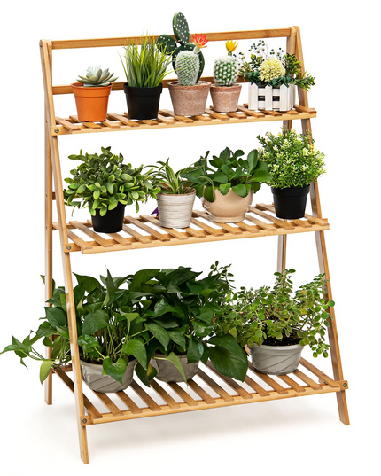Giantex 3 Tier Folding Storage Shelf, Bamboo Ladder Plant Stand