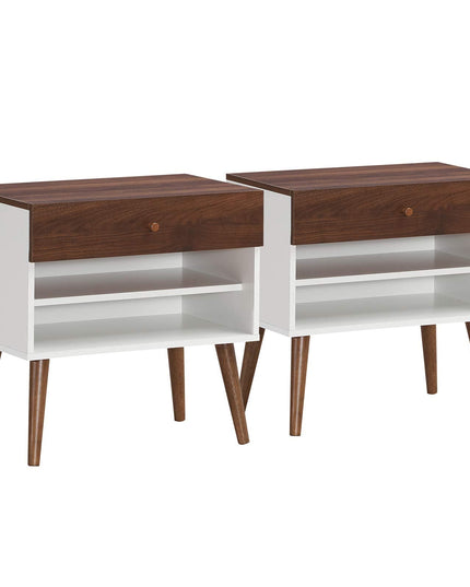 Nightstand with Drawer and Storage Shelves & Rubber Wood Legs, Brown&White