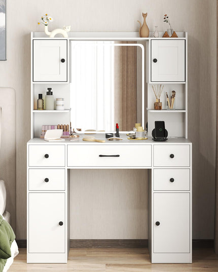 CHARMAID Vanity Desk with Mirror and Lights, White Makeup Vanity Desk with 5 Drawers