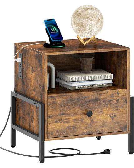 Giantex Industrial End Table with Charging Station & Storage Drawer