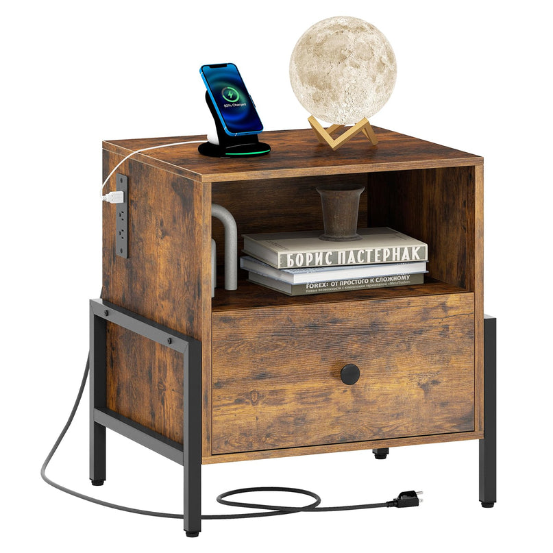 Giantex Industrial End Table with Charging Station & Storage Drawer