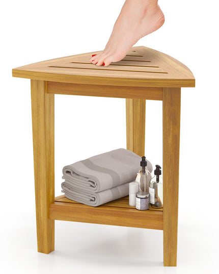 Giantex Corner Shower Bench - Teak Wood Shower Stool with Storage Shelf