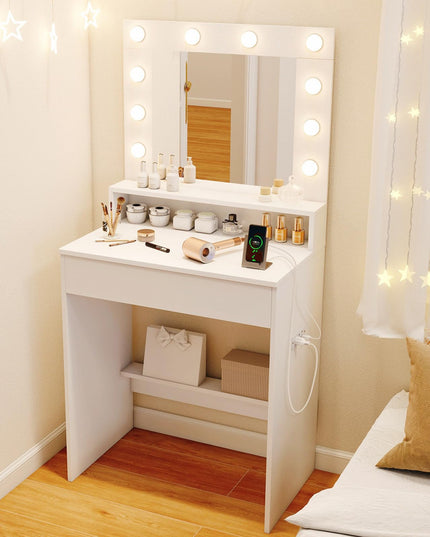 CHARMAID Vanity Desk with Mirror and Lights for Small Bedroom Narrow Space