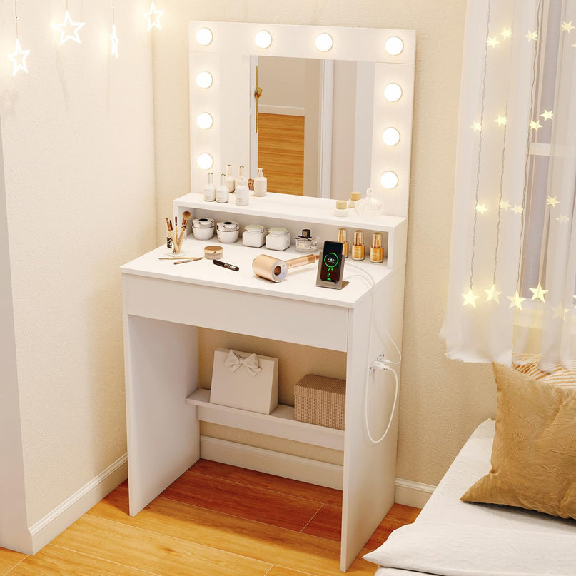 CHARMAID Vanity Desk with Mirror and Lights for Small Bedroom Narrow Space
