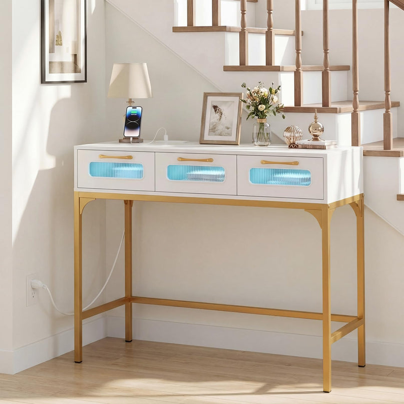 Giantex 35.5" Console Table with Charging Station & 3 Drawers