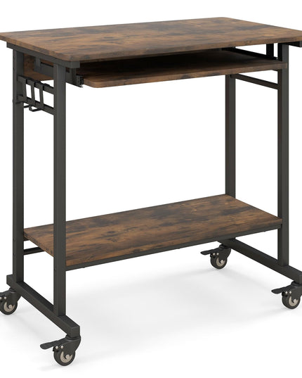 Giantex Mobile Computer Desk, Rolling Writing Desk with Keyboard Tray, Shelf & 3 Hanging Hooks, Rustic Brown & Black