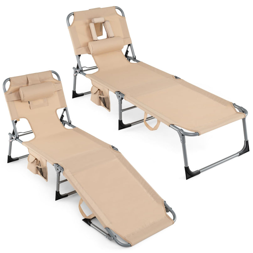 (下架）Giantex Tanning Chair Folding Beach Chair w/Face Arm Hole, Washable Pillow, Pocket