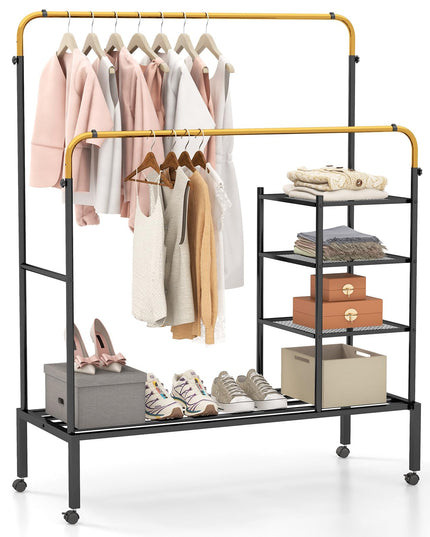 Giantex Double Rods Garment Rack with Wheels, Clothing Rack w/ 2 Hanging Height Adjustable Rods, Side Mesh Racks