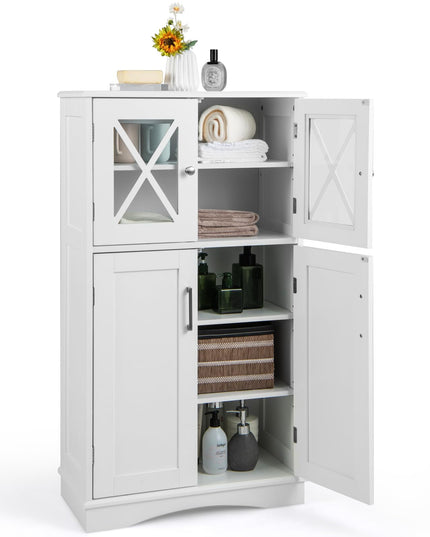 Giantex Bathroom Floor Storage Cabinet - Linen Floor Cabinet with Doors and Adjustable Shelves