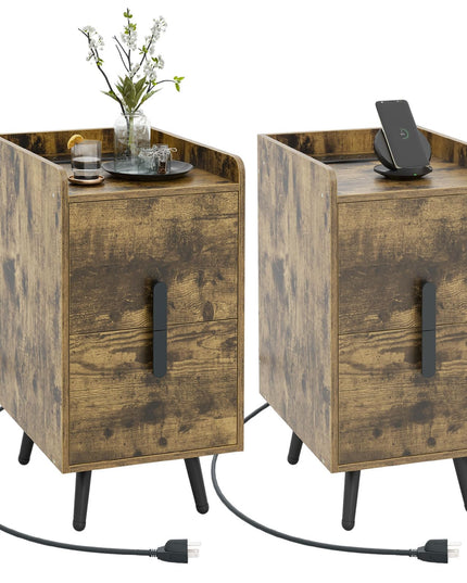 Giantex Nightstand with Charging Station, Narrow End Table with 2 Drawers & Metal Gold Legs