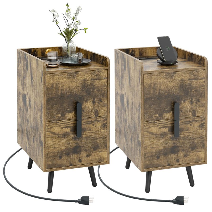 Giantex Nightstand with Charging Station, Narrow End Table with 2 Drawers & Metal Gold Legs