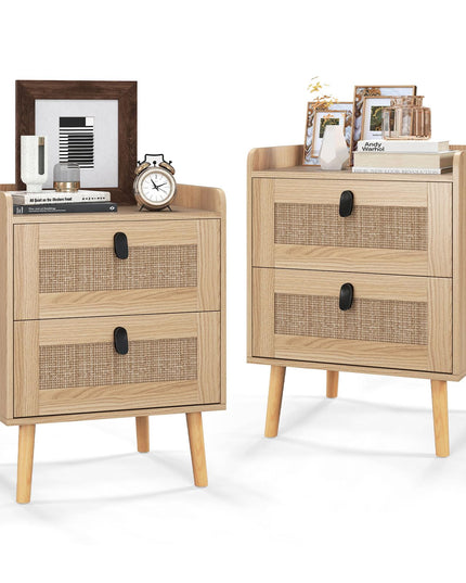 Giantex Rattan Nightstand, Boho 3-Drawer Dresser with 4 Solid Wood Legs