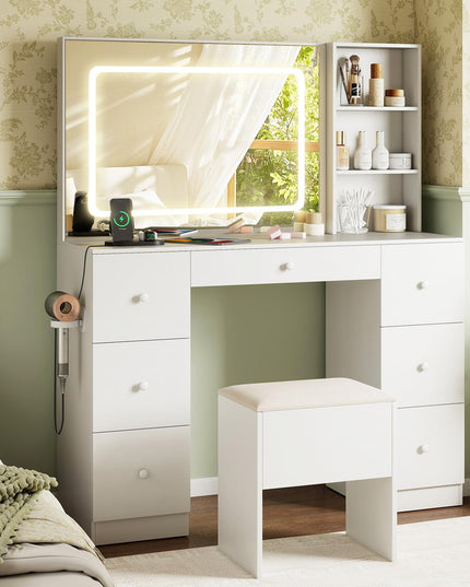 Large Vanity Desk with Lighted Mirror for Bedroom