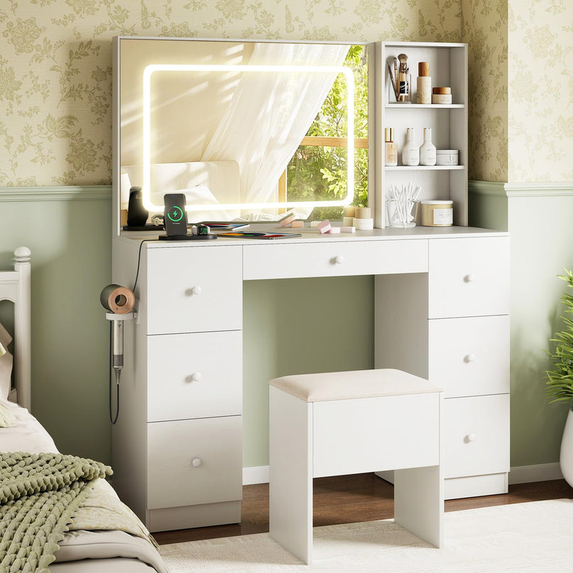 Large Vanity Desk with Lighted Mirror for Bedroom