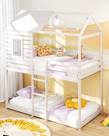 Giantex White Wood Bunk Bed Twin Over Twin with Ladder and Guardrail