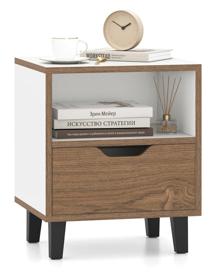 Giantex Mid Century Modern Nightstand Wooden Bedside Table with Drawer & Open Shelf