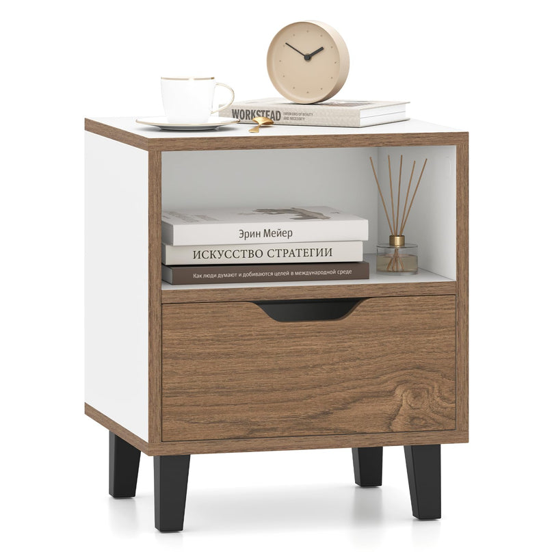 Giantex Mid Century Modern Nightstand Wooden Bedside Table with Drawer & Open Shelf