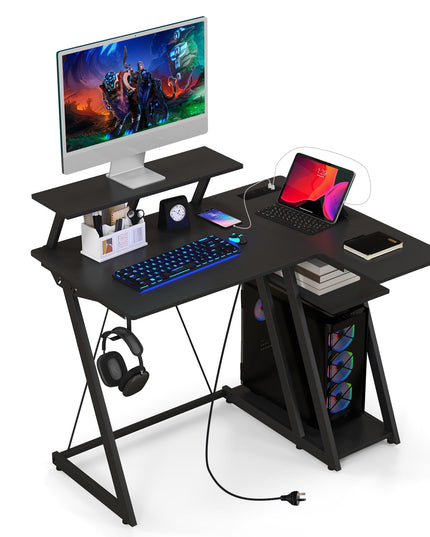 Bureau de jeu en forme de L Giantex avec prises et ports USB, petit bureau d'ordinateur avec étagère pour moniteur