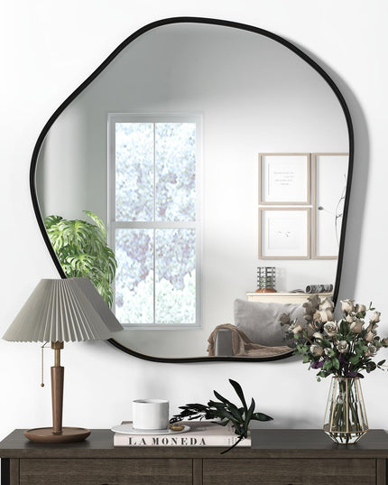 CHARMAID Irregular Wall Mirror, Asymmetrical Mirror Wall Mounted with Metal Frame and Wood Back Broad