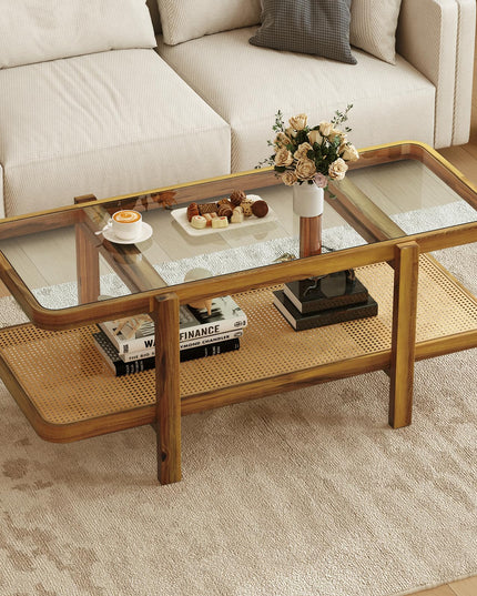 Giantex Rattan Coffee Table, 47.5" Rectangle Solid Wood Tea Table w/Tempered Glass Tabletop
