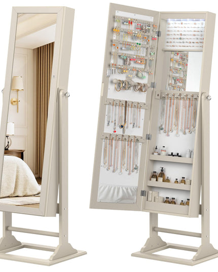 CHARMAID Jewelry Armoire with Full Length Mirror, Lockable Jewelry Cabinet with Large Jewelry Storage, 6 LED Lights, Inner Makeup Mirror