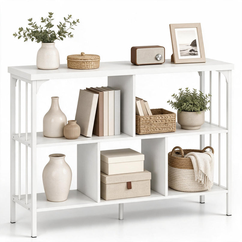 GIANTEX 3-Tier Industrial Low Wide Bookshelf w/ 5 Cube Storage Organizer