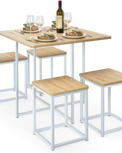 5 Piece Dining Table Set, Dining Set for 4 with Square Stools, Walnut & Black