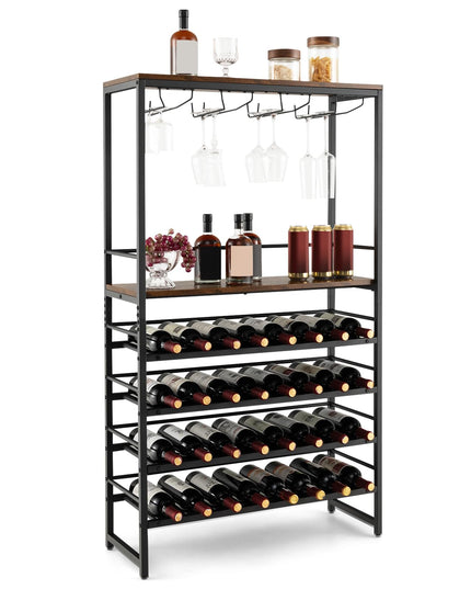 Floor Wine Rack w/ 4-Tier Wine Storage & 4 Rows of Stemware Racks