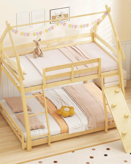 Giantex Twin Over Queen Bunk Bed, Wood House Bunk Bed for Kids with Climbing Nets and Ramp