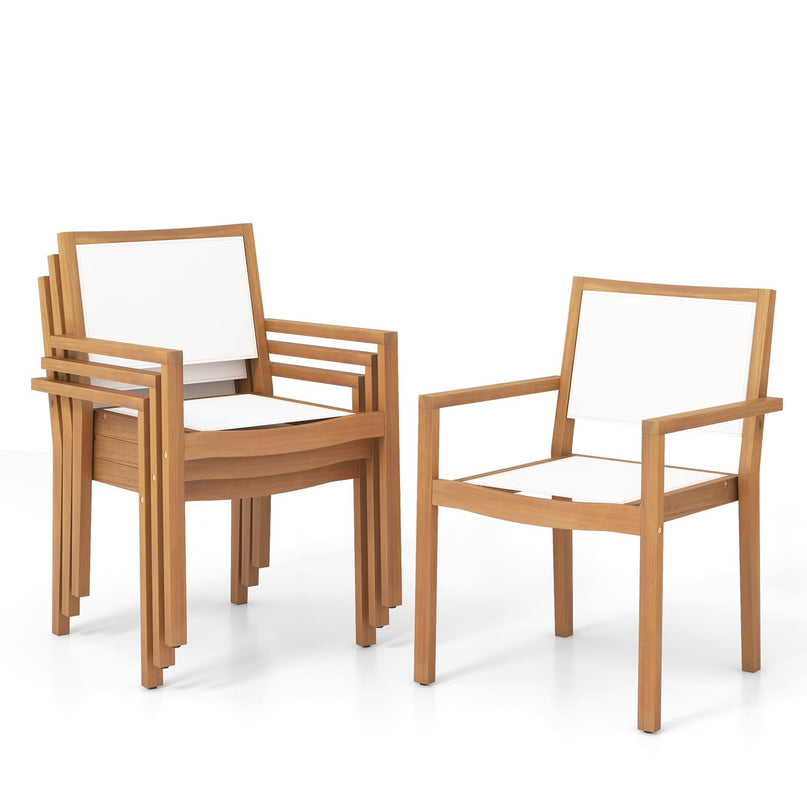 Giantex Stackable Outdoor Dining Chair Set, Patio Armchairs w/Acacia Wood Frame, All Weather Fabric, Armrests