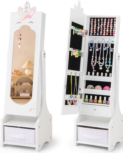 CHARMAID Kids Mirror Jewelry Cabinet - 45.5" Standing Jewelry Armoire with Full Length Mirror