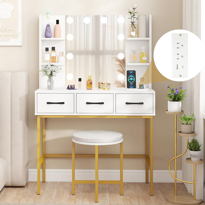 Makeup Vanity Desk with Lighted Mirror & Charging Station