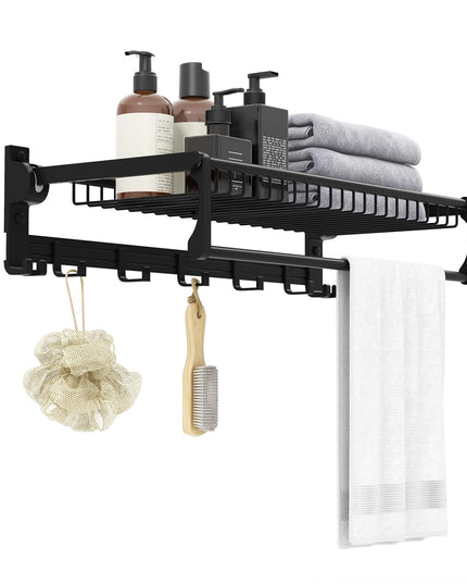 Giantex Foldable Towel Rack for Bathroom, Wall Mounted Towel Holder Organizer w/ 1 Basket, 1 Towel Bar & 5 Sliding Hooks
