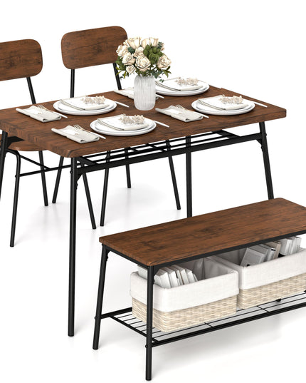 Giantex Dining Table Set for 4, Kitchen Table with Bench & 2 Chairs, Storage & Metal Frame
