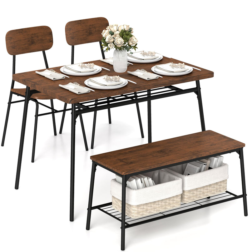 Giantex Dining Table Set for 4, Kitchen Table with Bench & 2 Chairs, Storage & Metal Frame