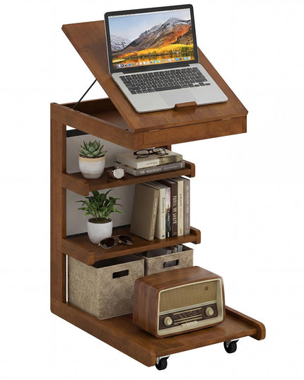 Giantex C-Shaped End Table with Wheels Adjustable Desktop Edge Stopper & 3 Storage Shelves