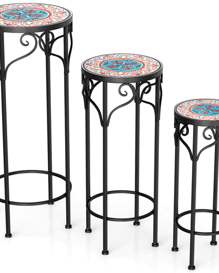 Giantex Metal Plant Stand Set of 3, 28" Mosaic Tall Flower Stand with Ceramic Top