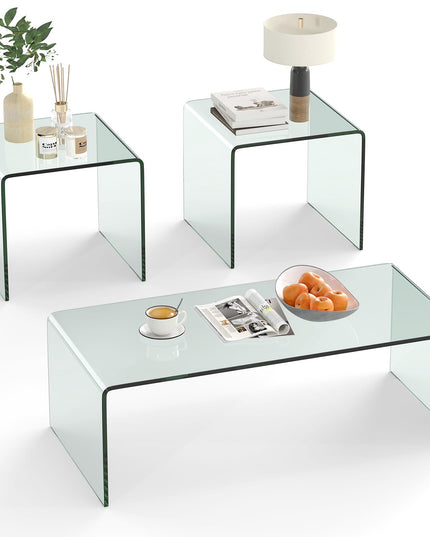 Giantex Tempered Glass Coffee Table Set of 3 Modern Living Room Tables Set for Small Spaces